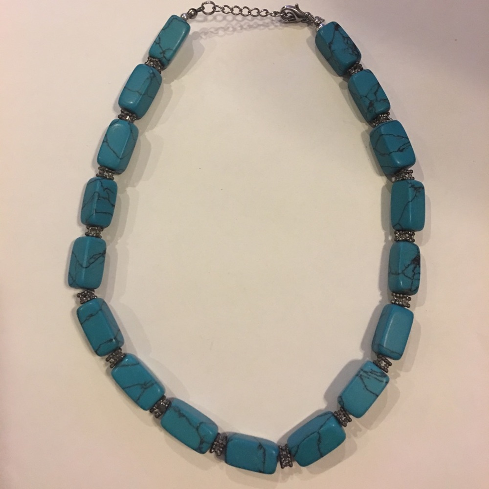 Turquoise rectangular beaded necklace made by me.